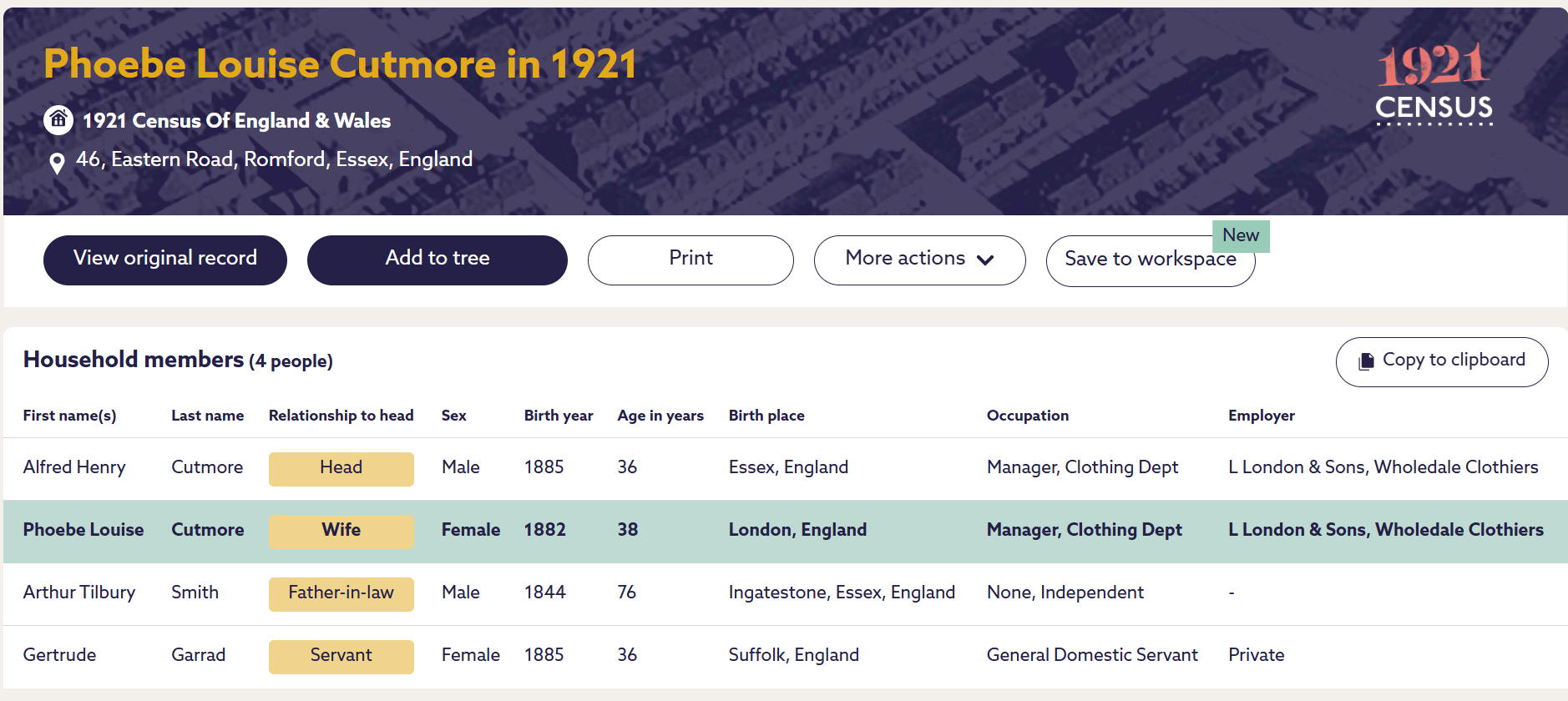 1921 Census Phoebe Cutmore Romford page 1